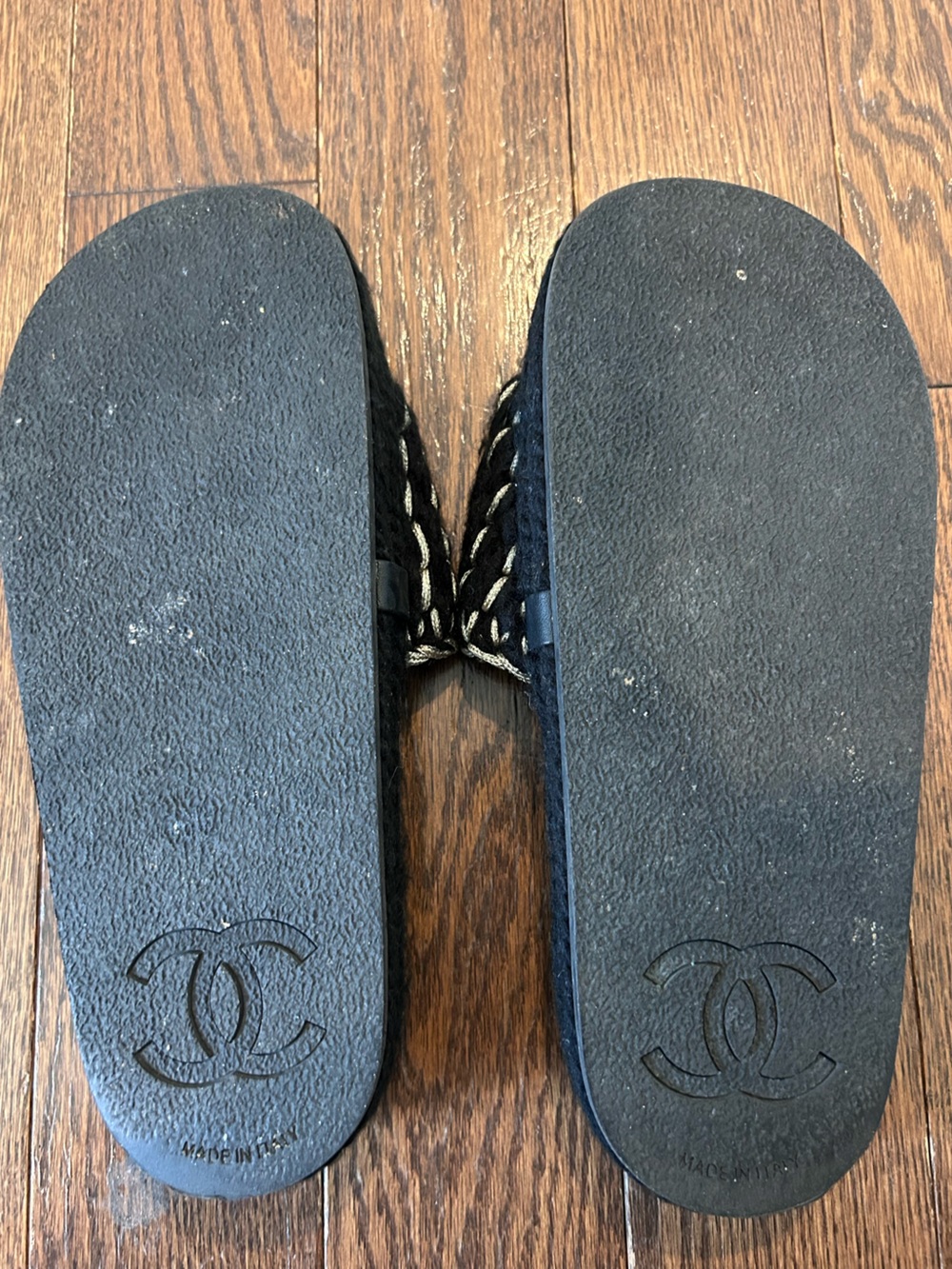 CHANEL Black & Gold Braided Flat Sandals, Knitted Wool Braided Slide Mules 37.5 - Picture 14 of 15